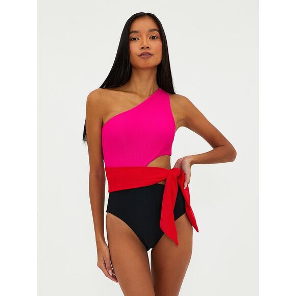 Beach Riot Carlie Colorblock Pink Black One Shoulder One Piece Swimsuit Size L - Picture 1 of 9
